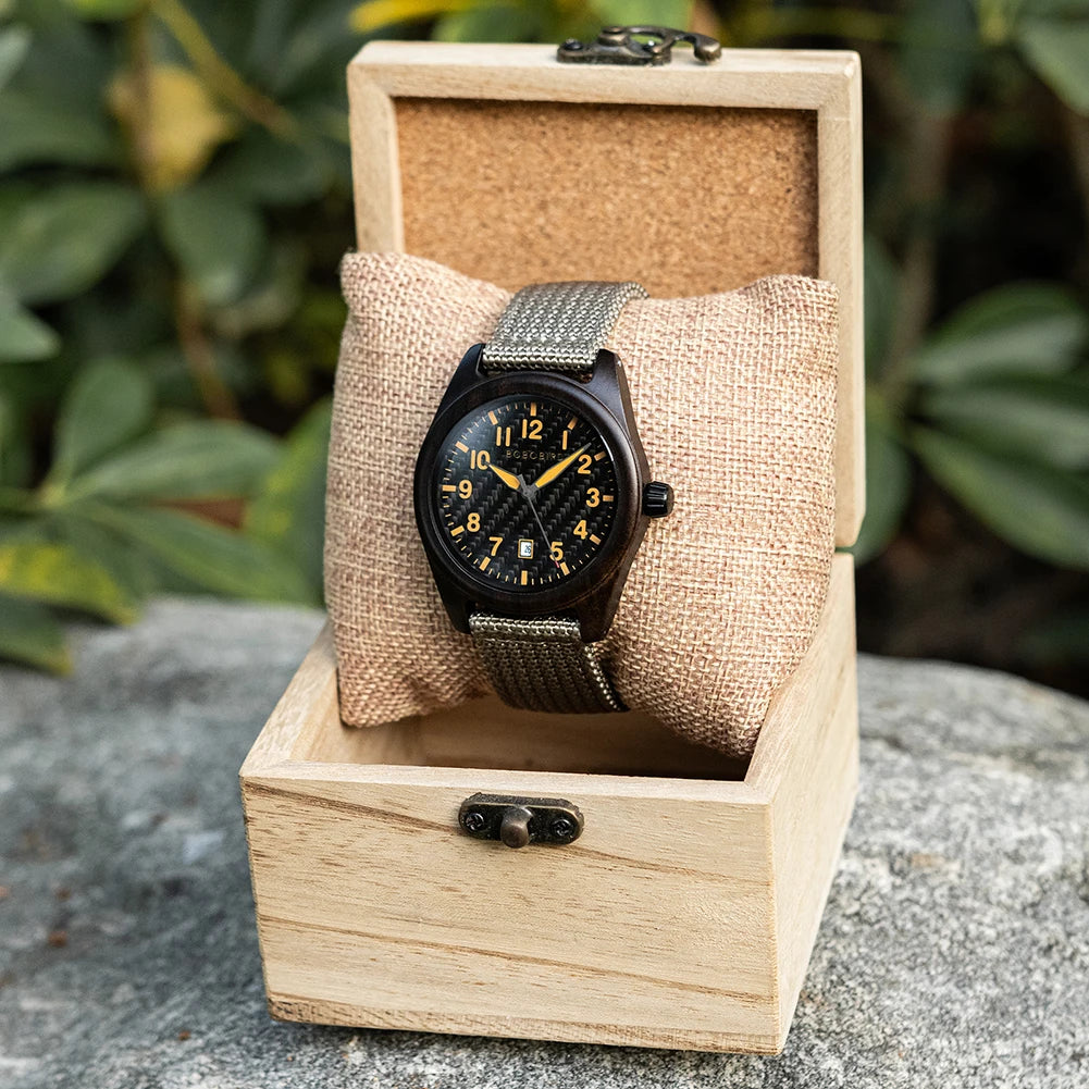 Vintage Mens Wooden Watch - Nylon Strap Casual Wristwatch for Men