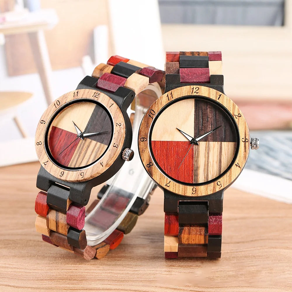 Wooden Sweetheart Couple His & Hers Watches - Quartz Movement Analog Display With Mixed Color Dials - Matching Wristwatches For Him/Him, Her/Her, Him/Her, Lovers