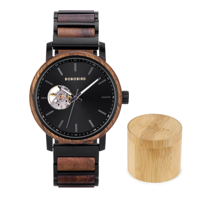 Men's Automatic Watch - Wood & Stainless Steel Combined - Mechanical Movement Self-Winding Wristwatch