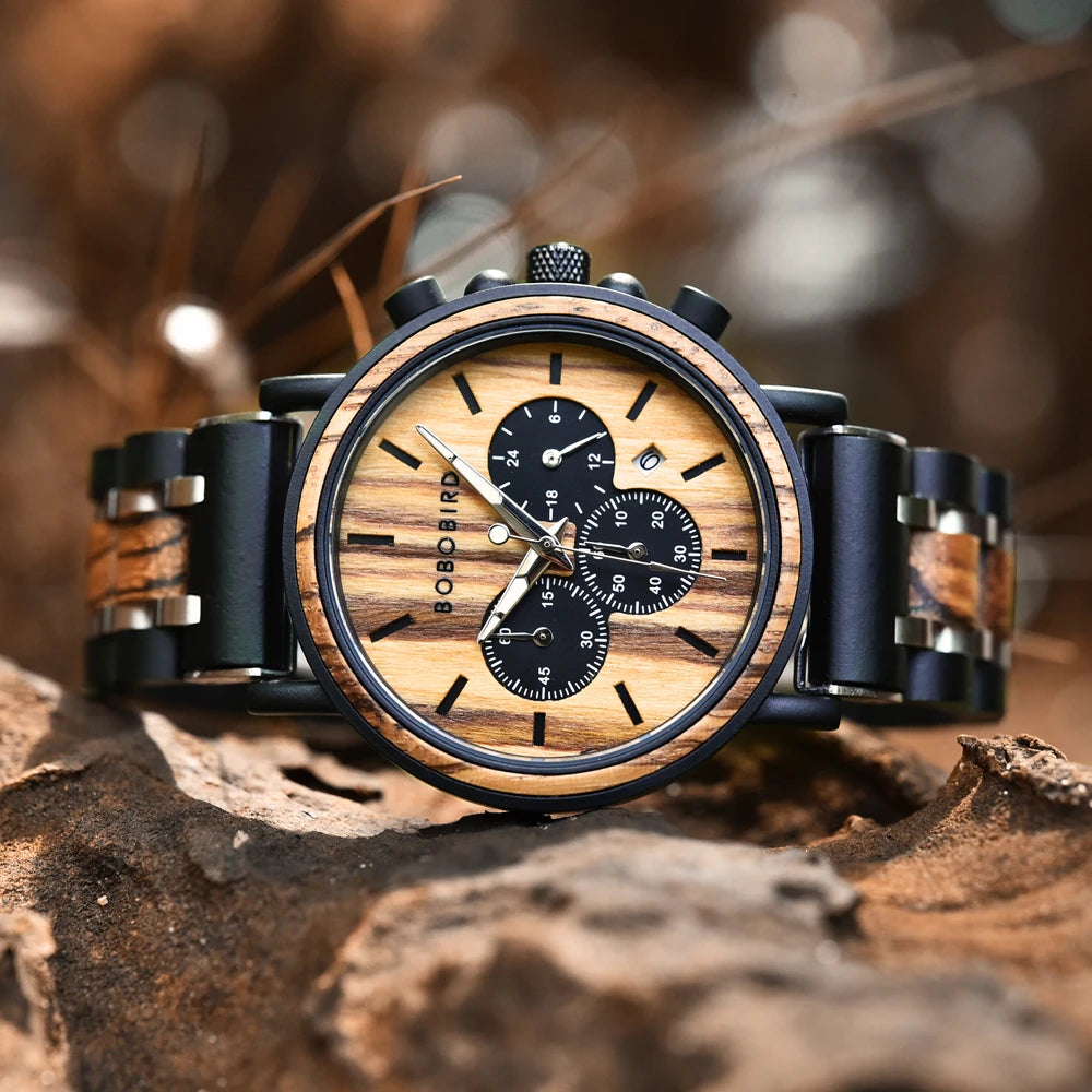 Men's Wooden Wristwatch With Auto Date Chronographic Face