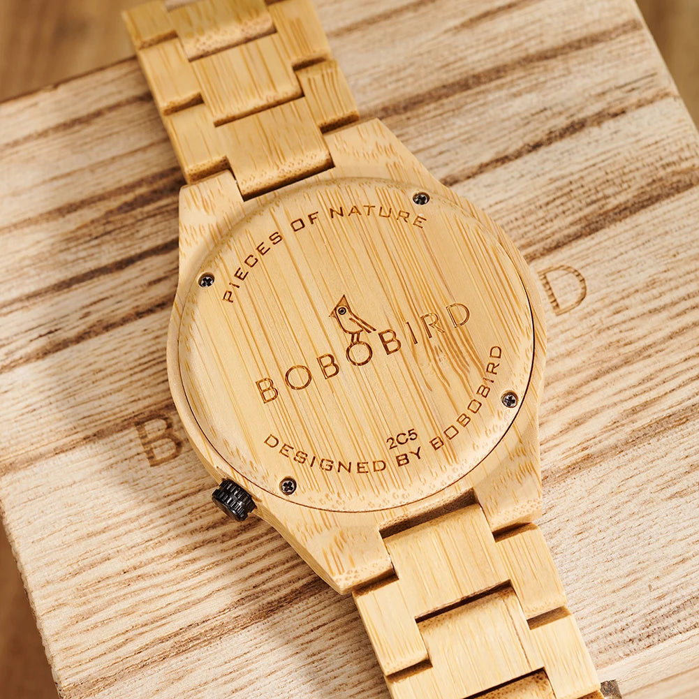 Men's Bamboo Wooden Watch with Pattern - Quartz Movement Pattern Printed Colorful Wristwatch