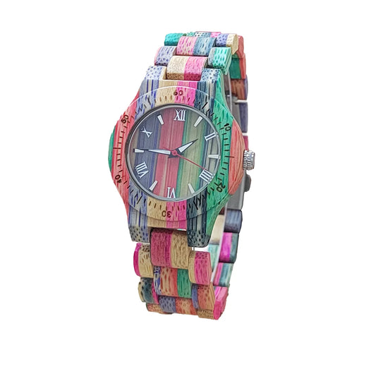 Women’s Elegant Colorful Natural Bamboo Wooden Watch - Fashionable Color Band Quartz Movement Classic Analog Wristwatch For Ladies