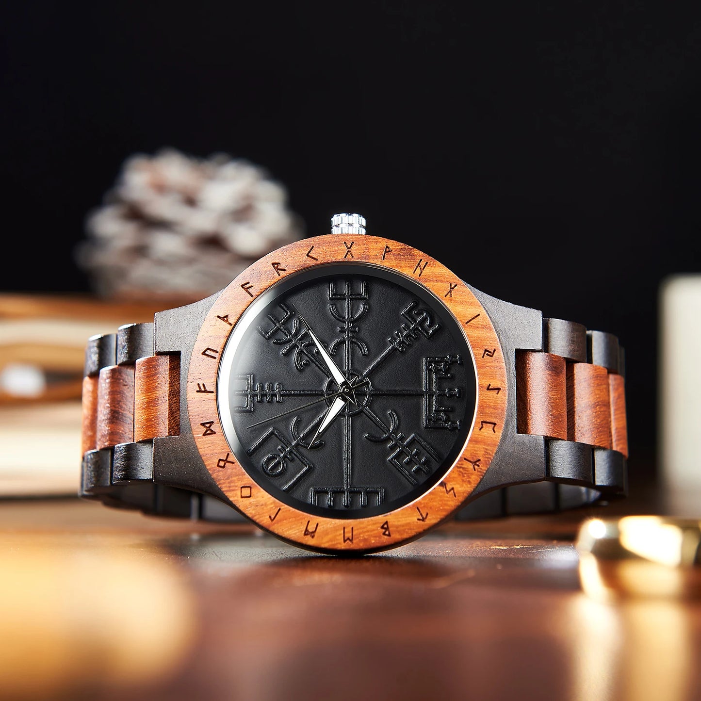 Men's Wooden Wristwatch - Viking Face Style - Gift Idea for Men