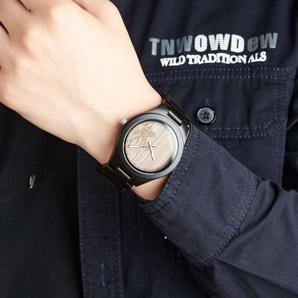 Men's Wooden Watch for Casual Dress - Wrist Watch with Ebony Wood and Analog Face