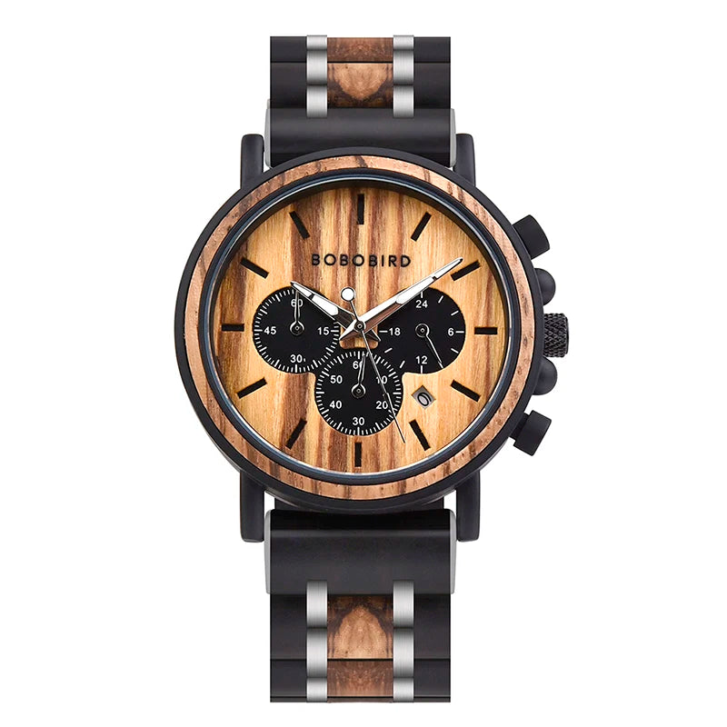 Men's Chronographic Time & Date Wooden Watch - Sports Style With Luminous Hands