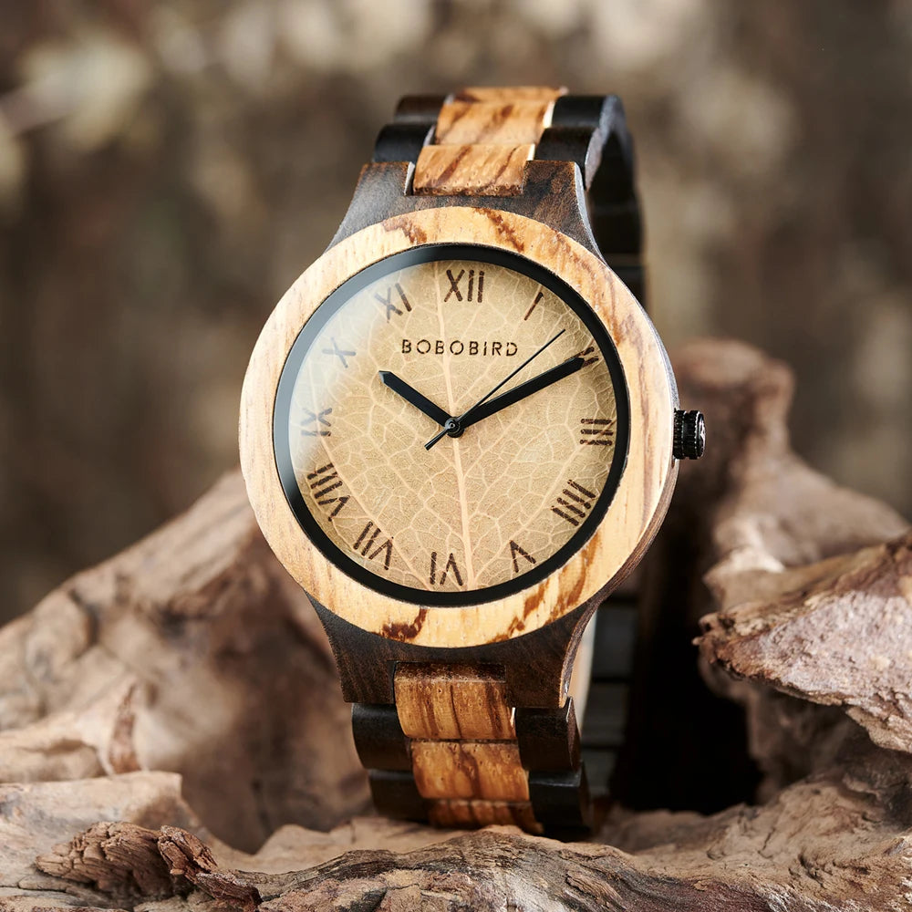 Unisex Wooden Watch With Leaf Dial Design - Classic Analog Quartz Movement Casual Dress Wristwatch for Men & Women