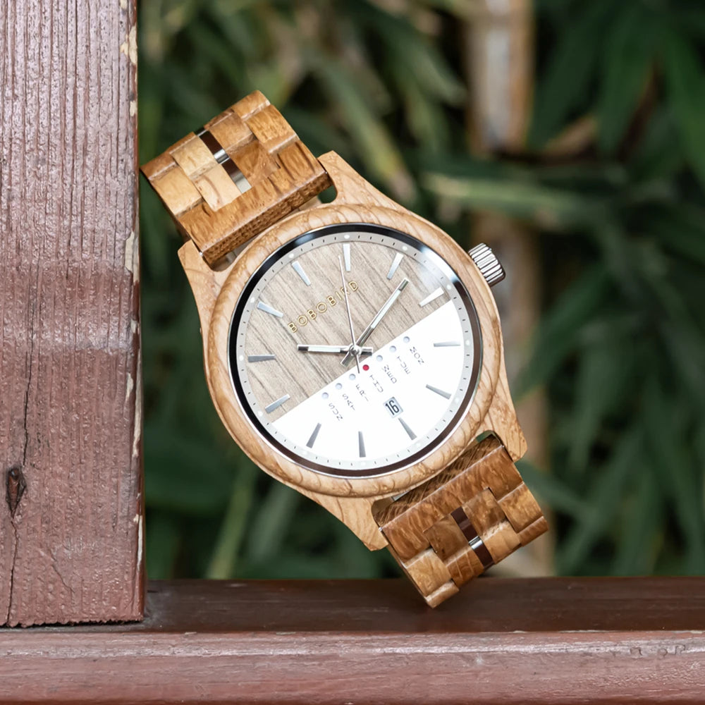 Men's Wooden Wooden Wristwatch - Quartz Movement with Week & Date Display Calendar