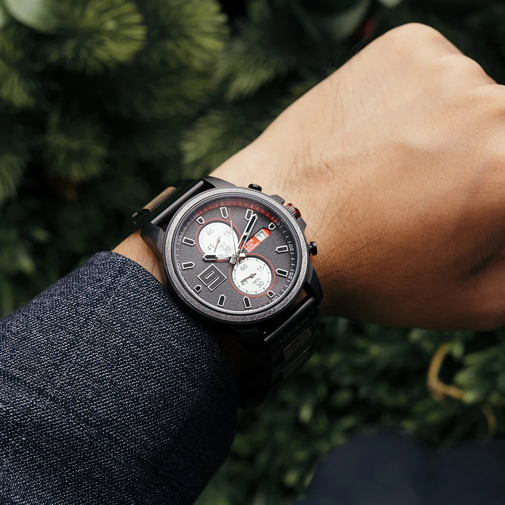 Men's Stylish Wood & Stainless Steel Combination Watch - Quartz Movement Chronographic Date & Time Face