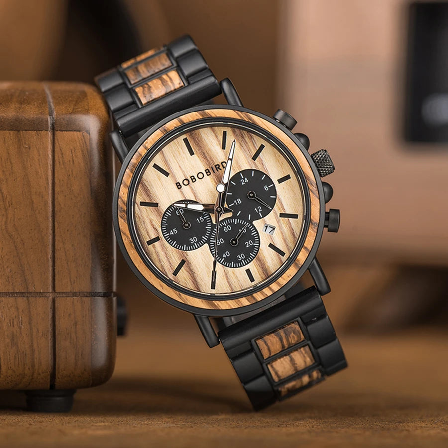 Men's Chronographic Time & Date Wooden Watch - Sports Style With Luminous Hands