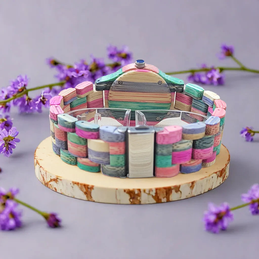 Women’s Elegant Colorful Natural Bamboo Wooden Watch - Fashionable Color Band Quartz Movement Classic Analog Wristwatch For Ladies
