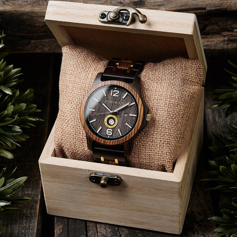 Mens Wooden Watch - Analog Watch for Men With Gift Box - Round Face Quartz Movement