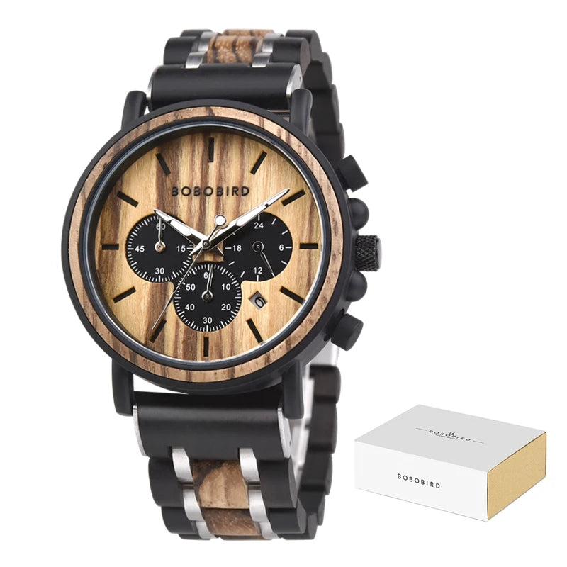 Men's Wooden Wristwatch With Auto Date Chronographic Face