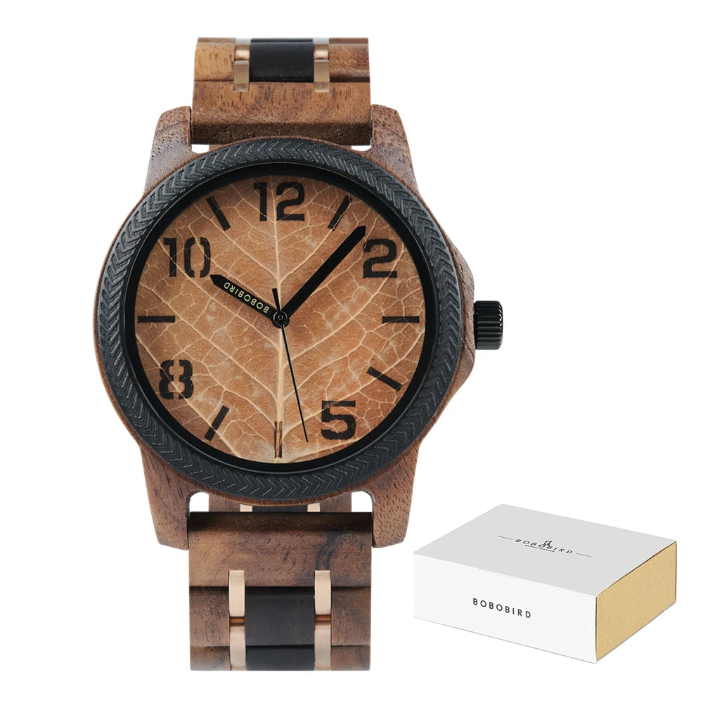 Men's Unique Leaf Dial Design Wooden Wristwatch - Quartz Movement - Analog Display