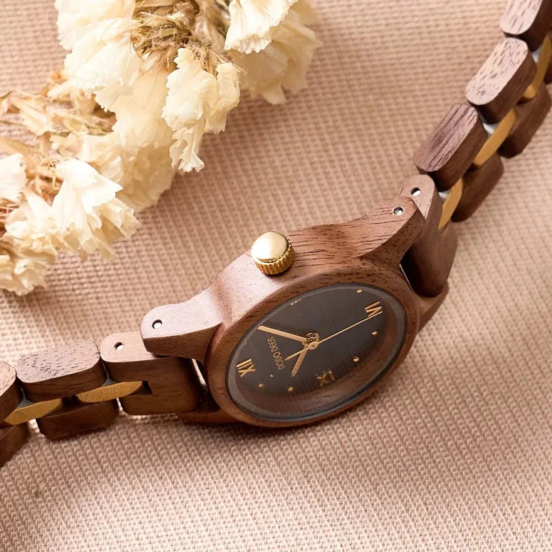 Women’s Wooden Fashion Watch - Blue Analog Face With Roman Numerals And Gold Tone