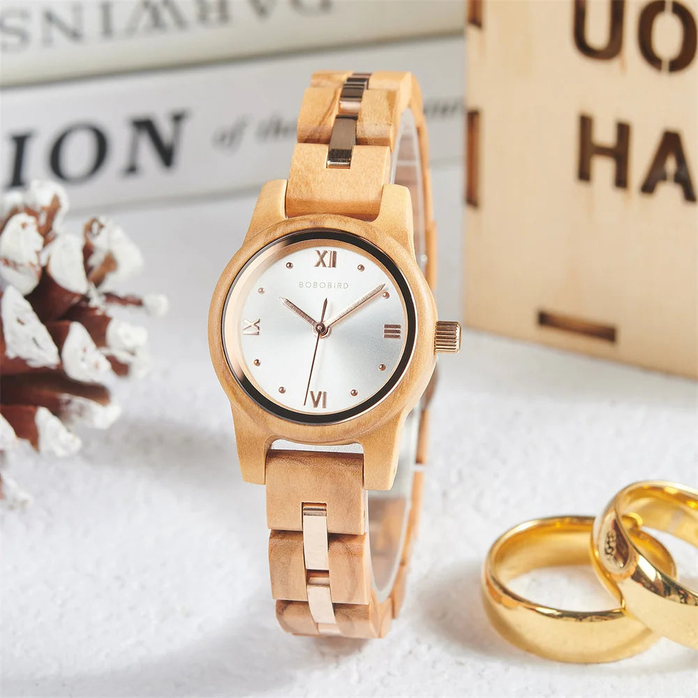 Women's Round Face Wooden Watch Fashion Quartz Watch for Ladies With Paper Gift Box