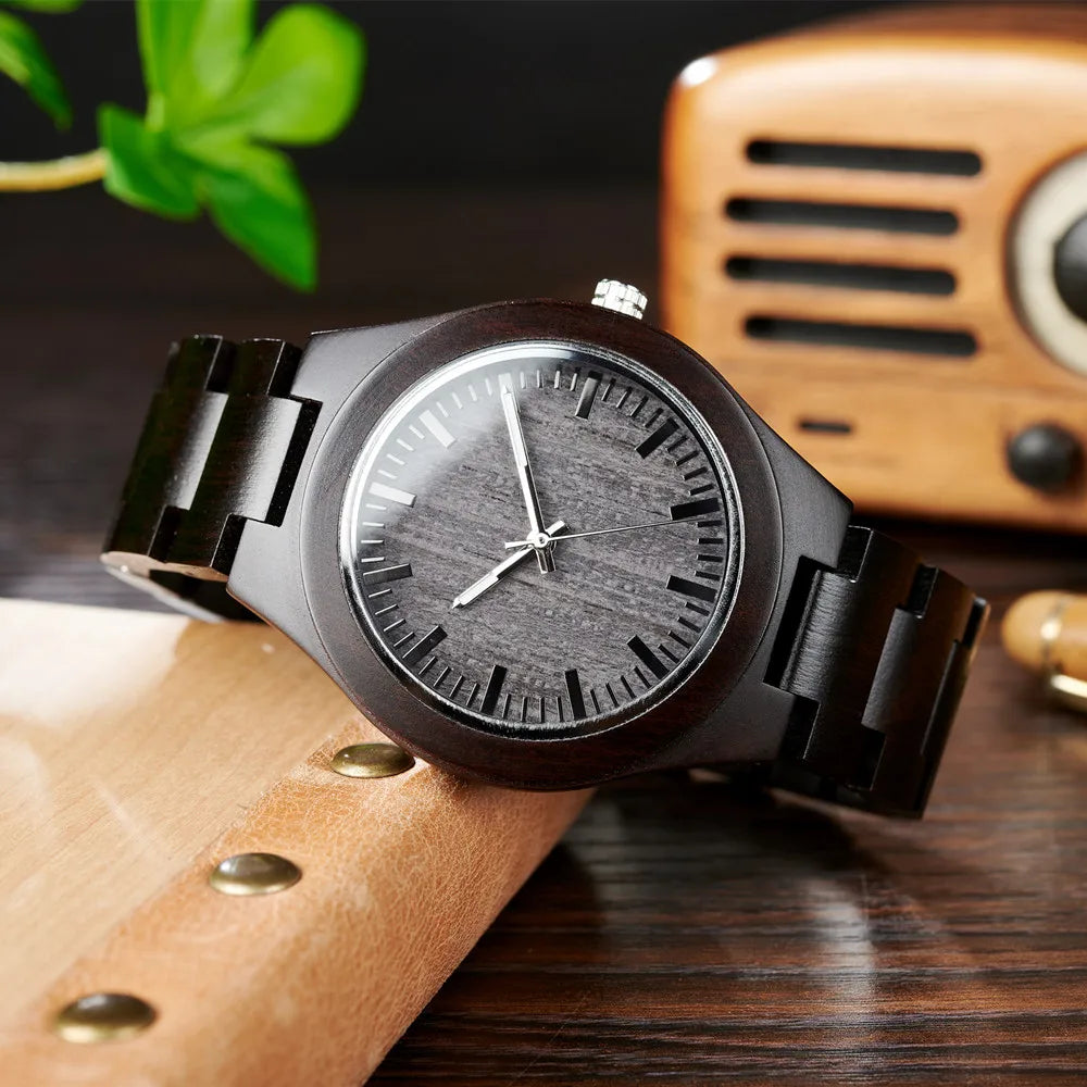 Men's Wooden Watch for Casual Dress - Wrist Watch with Ebony Wood and Analog Face