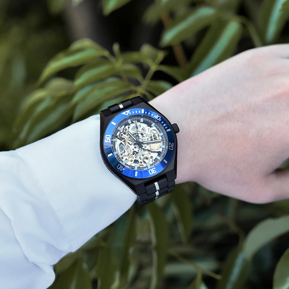 Men's Mechanical Wooden Automatic Watch - Hollow-Carved Mechanical Skeleton Wristwatch