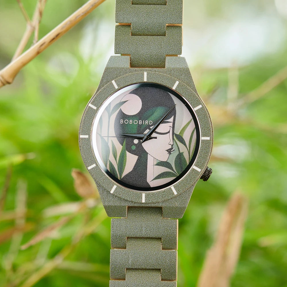 Men's Bamboo Wooden Watch with Pattern - Quartz Movement Pattern Printed Colorful Wristwatch