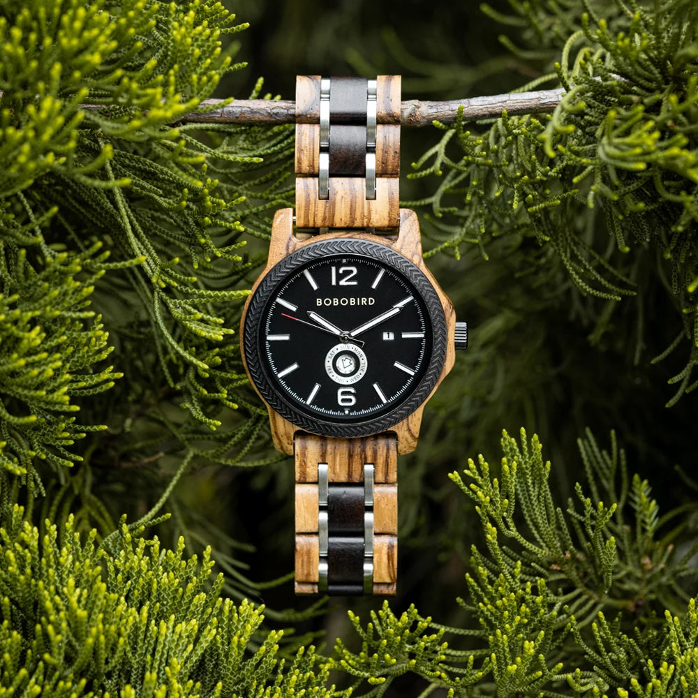 Mens Wooden Watch - Analog Watch for Men With Gift Box - Round Face Quartz Movement