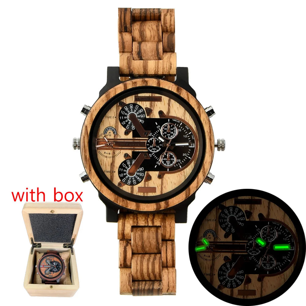 Chronographic Men’s Wooden Sports Watch - Luminous Hands With Large Face - Quartz Movement & Analog Time