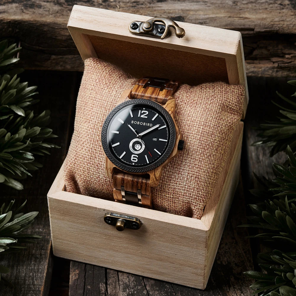 Mens Wooden Watch - Analog Watch for Men With Gift Box - Round Face Quartz Movement