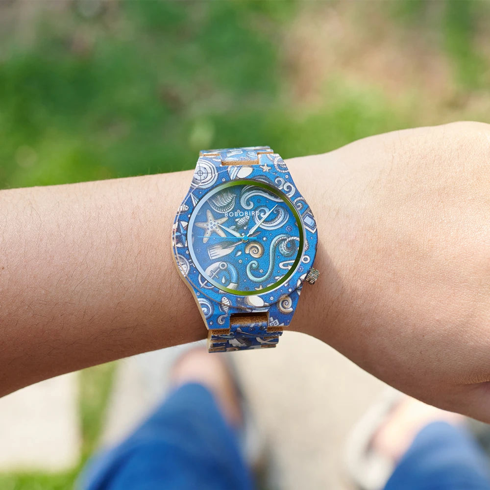 Men's Bamboo Wooden Watch with Pattern - Quartz Movement Pattern Printed Colorful Wristwatch