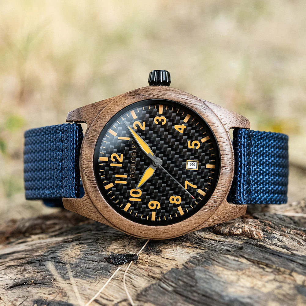 Vintage Mens Wooden Watch - Nylon Strap Casual Wristwatch for Men