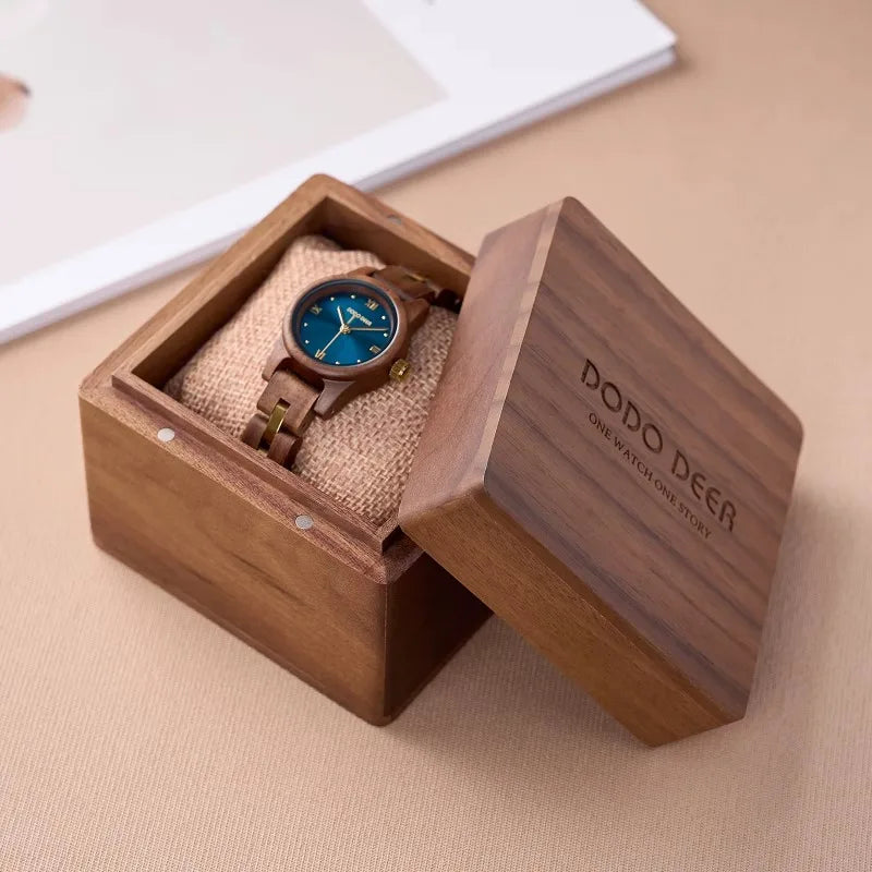 Women’s Wooden Fashion Watch - Blue Analog Face With Roman Numerals And Gold Tone