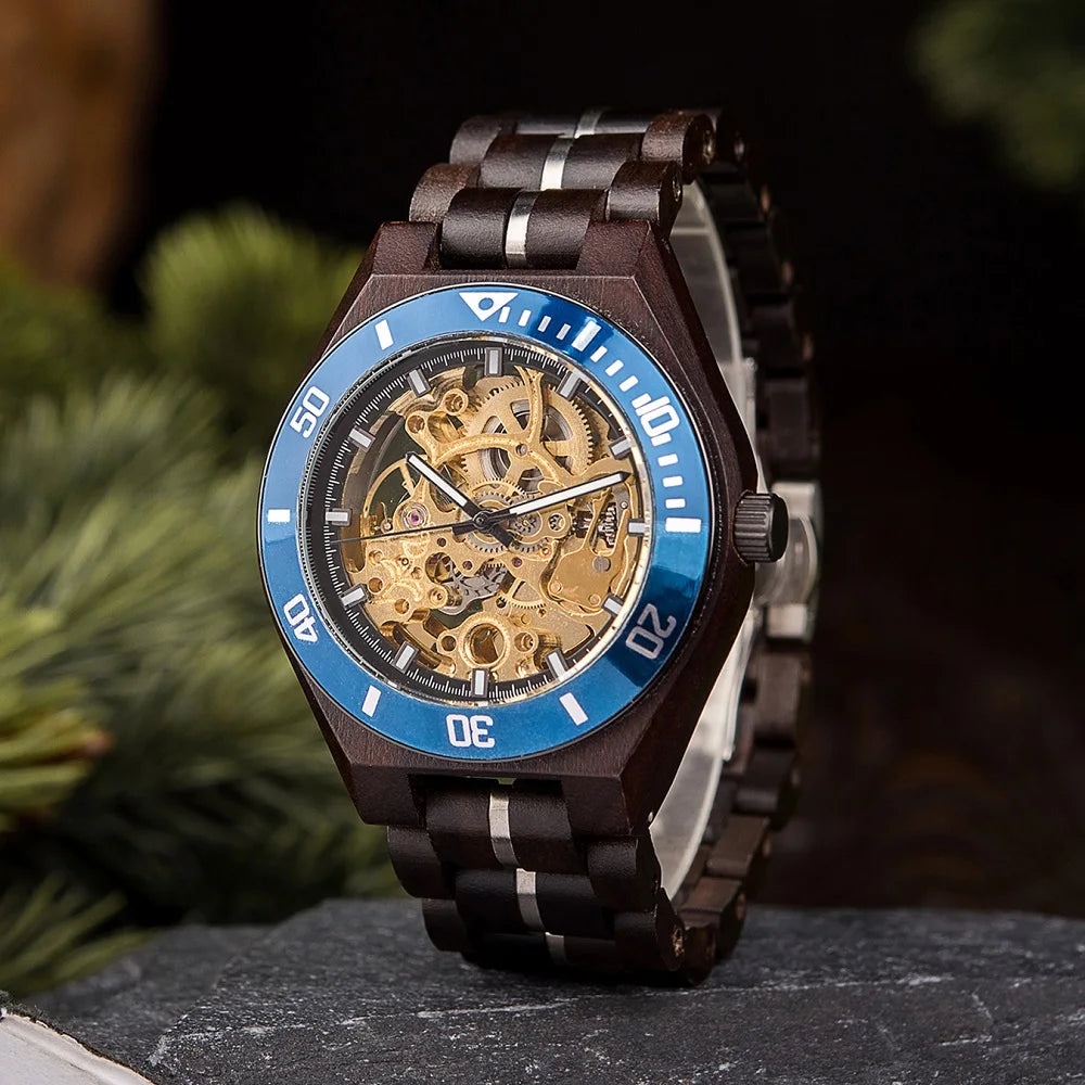 Men's Mechanical Wooden Automatic Watch - Hollow-Carved Mechanical Skeleton Wristwatch