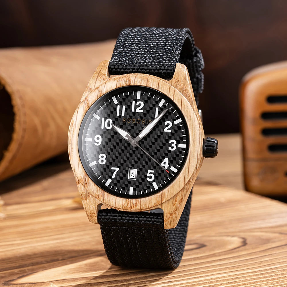 Men's Wooden Watch with Nylon Strap - Casual Wristwatch for Men - Quartz Movement & Analog Display
