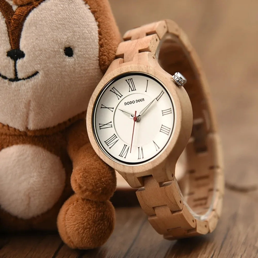 Women's Wooden Fashion Watch - Classic Retro Analog Display With Tound Face And Quartz Movement