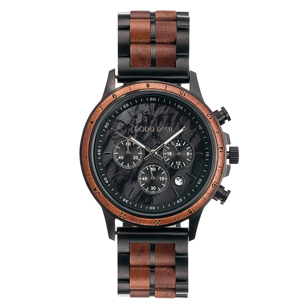 Luxury Wooden Watch For Men - Chronographic Round Face With Time And Date Display