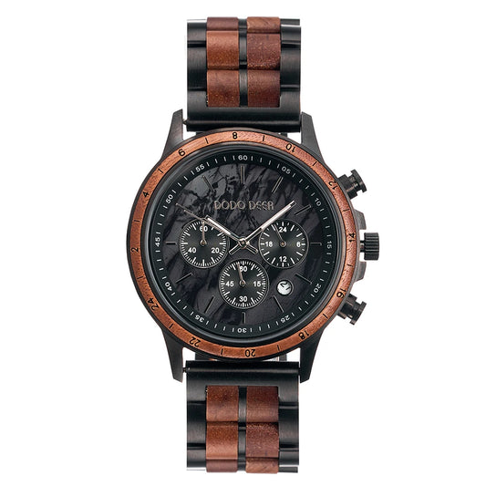 Luxury Wooden Watch For Men - Chronographic Round Face With Time And Date Display