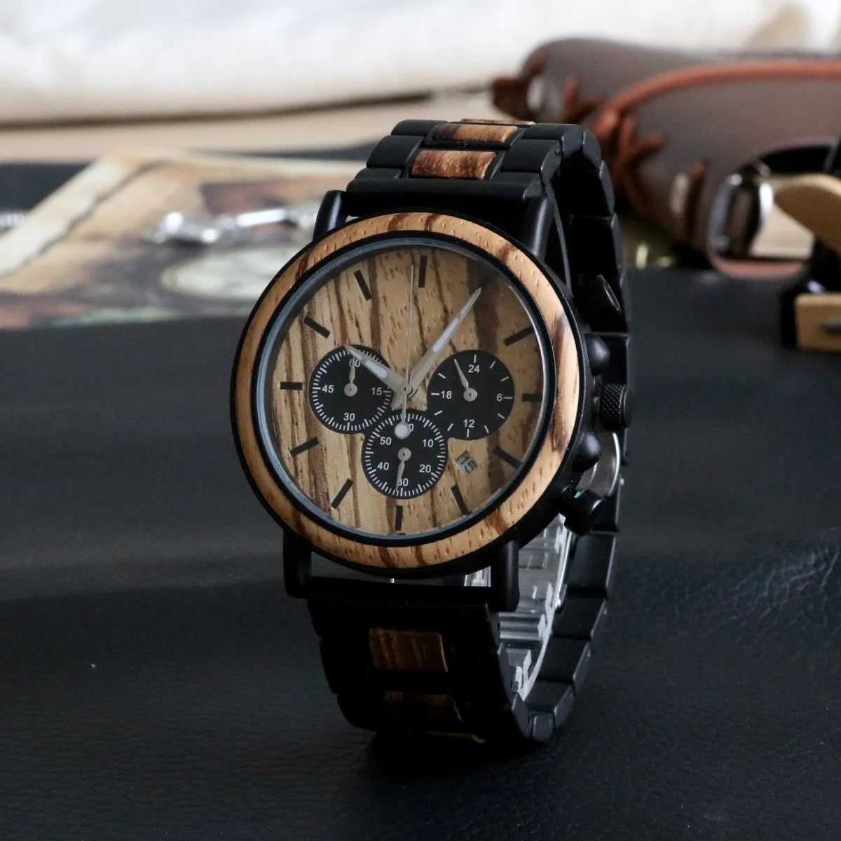 Men's Wooden Watch - Chronographic Stylish Quartz Movement with Luminous Hands