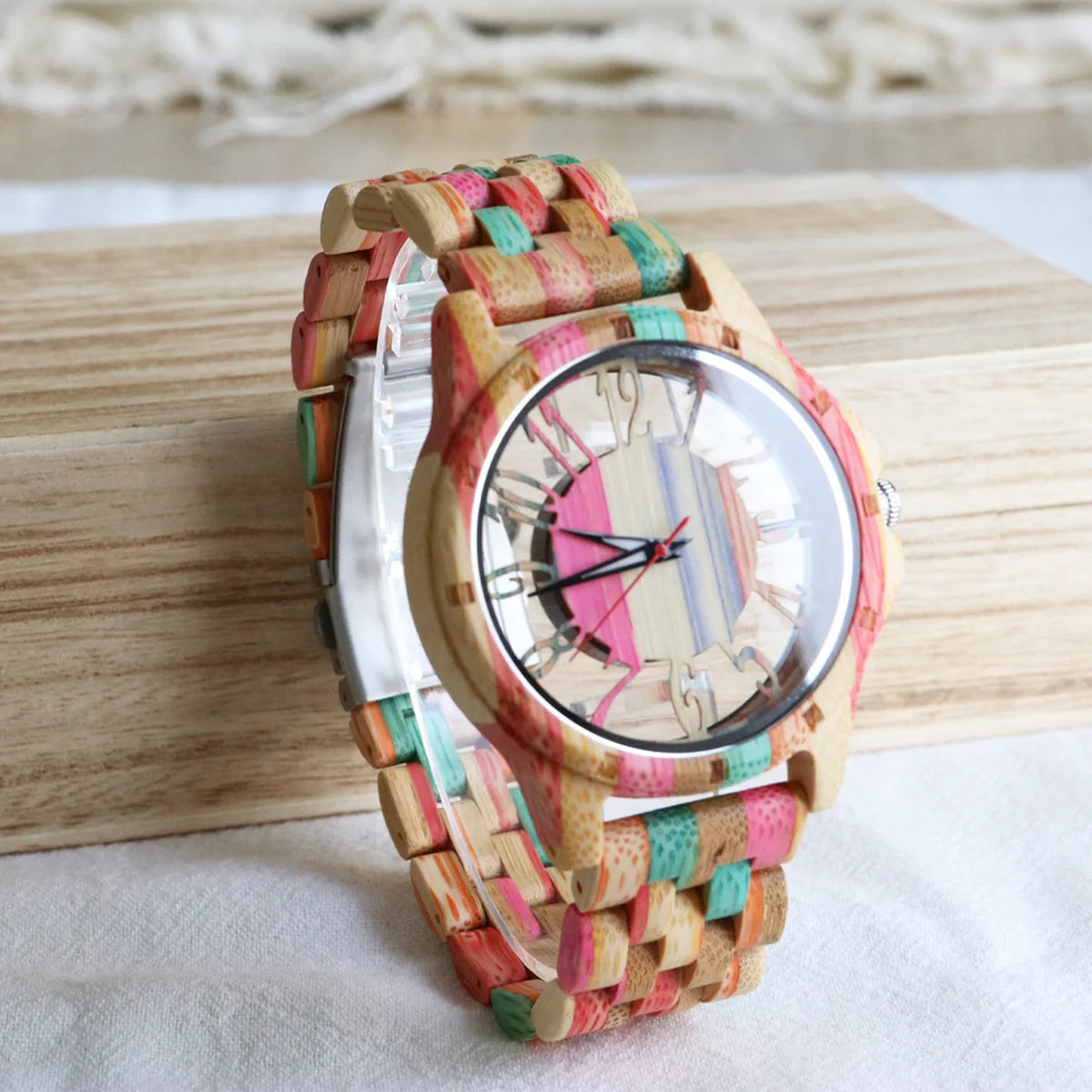 Colorful Unisex Wooden Wristwatch For Men or Women - Quartz Movement And Hollowed Out Classic Analog Face With Traditional Numbers