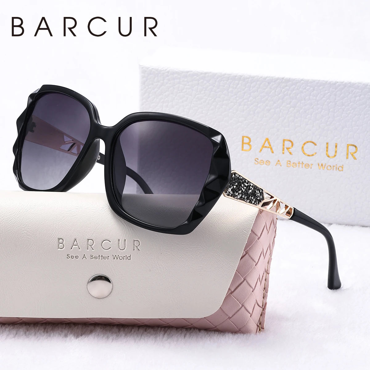 BARCUR Fashion Butterfly Polarized Sunglasses Transparent PC Large Frame Hollow Out Mirror Leg Leisure UV400 Women Sunglasses