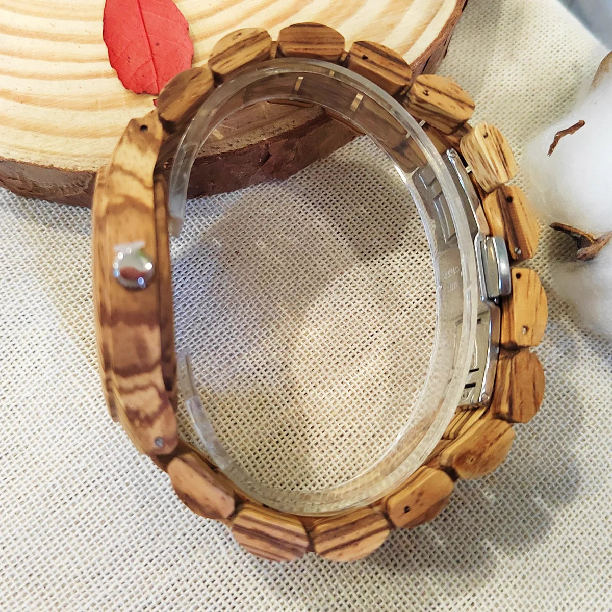 Women's Fashionable Wooden Wrist Watch With Simulated Diamond Dial - Quartz Movement & Analog Face