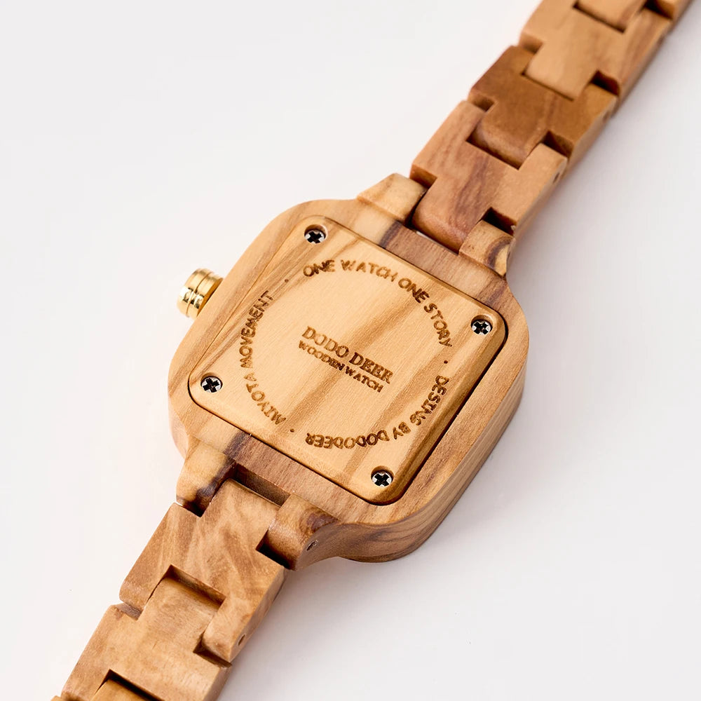 Women’s Wooden Quartz Wristwatch With Square Face - Black Numberless Analog Display
