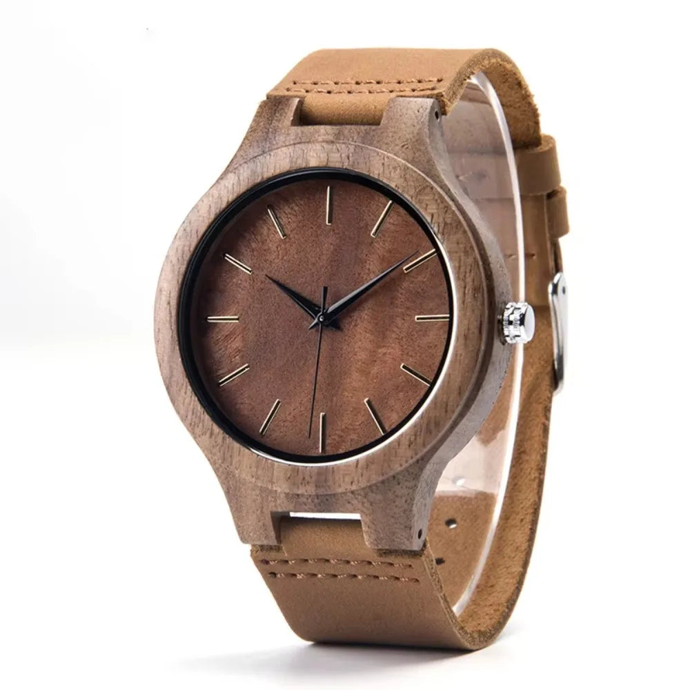 Wooden Unisex Wrist Watches - Classic Analog Quartz Movement With Tan Leather Band