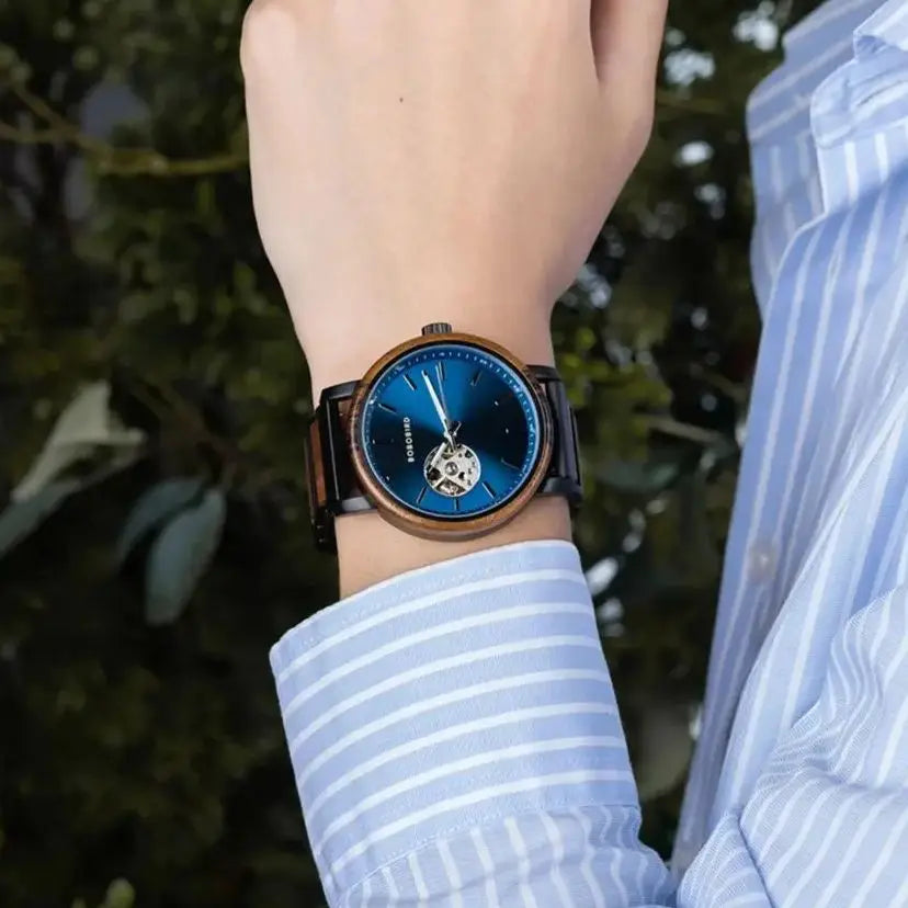 Men's Automatic Watch - Wood & Stainless Steel Combined - Mechanical Movement Self-Winding Wristwatch