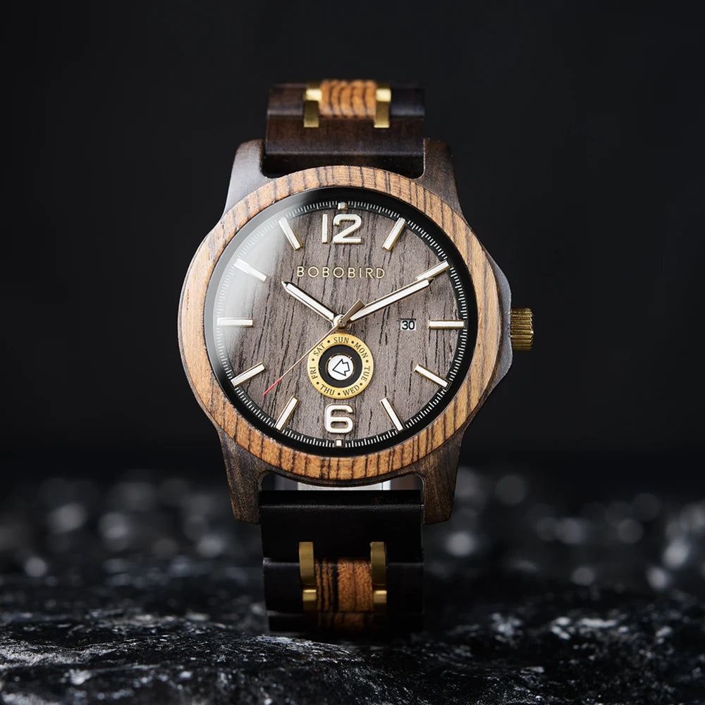 Mens Wooden Watch - Analog Watch for Men With Gift Box - Round Face Quartz Movement