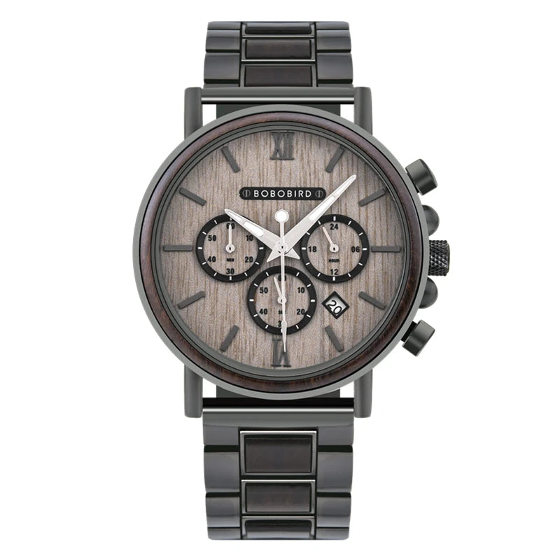 Men's Chronographic Time & Date Wooden Watch - Sports Style With Luminous Hands