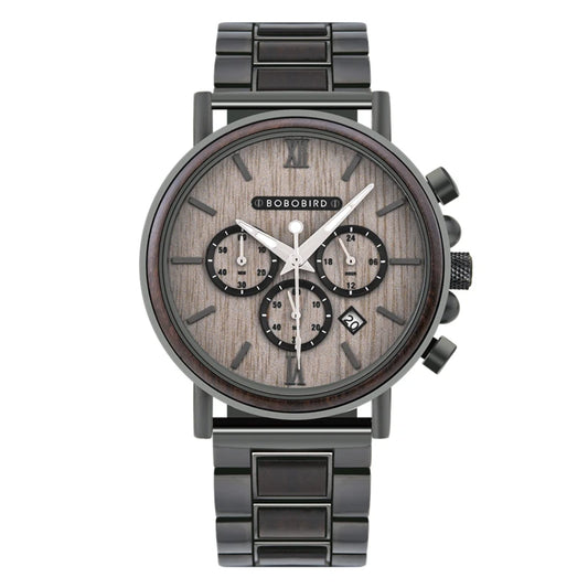 Men's Chronographic Time & Date Wooden Watch - Sports Style With Luminous Hands