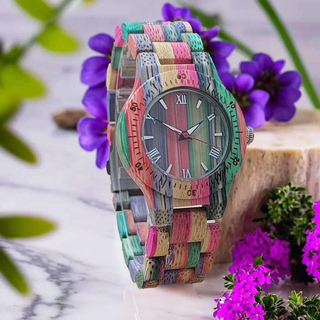 Women’s Elegant Colorful Natural Bamboo Wooden Watch - Fashionable Color Band Quartz Movement Classic Analog Wristwatch For Ladies