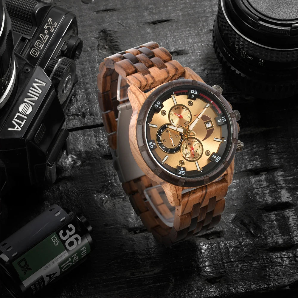 Men’s Sports Fashion Wooden Watch - Chronographic Analog Face With Luminous Hands