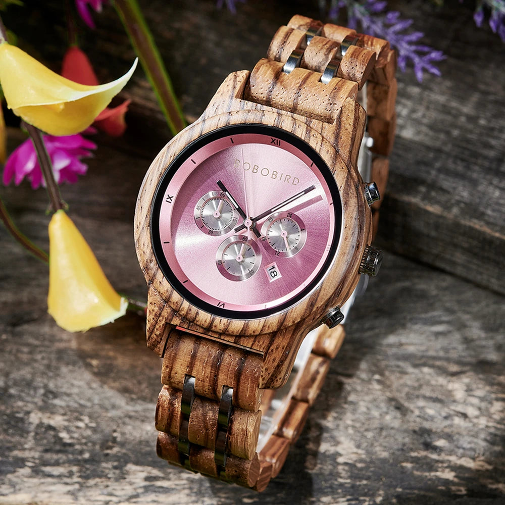 Wooden Women's Watch with 3 Sub Dials Chronograph