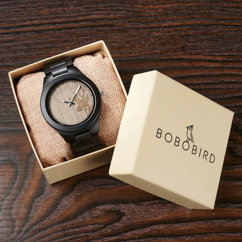 Men's Wooden Watch for Casual Dress - Wrist Watch with Ebony Wood and Analog Face