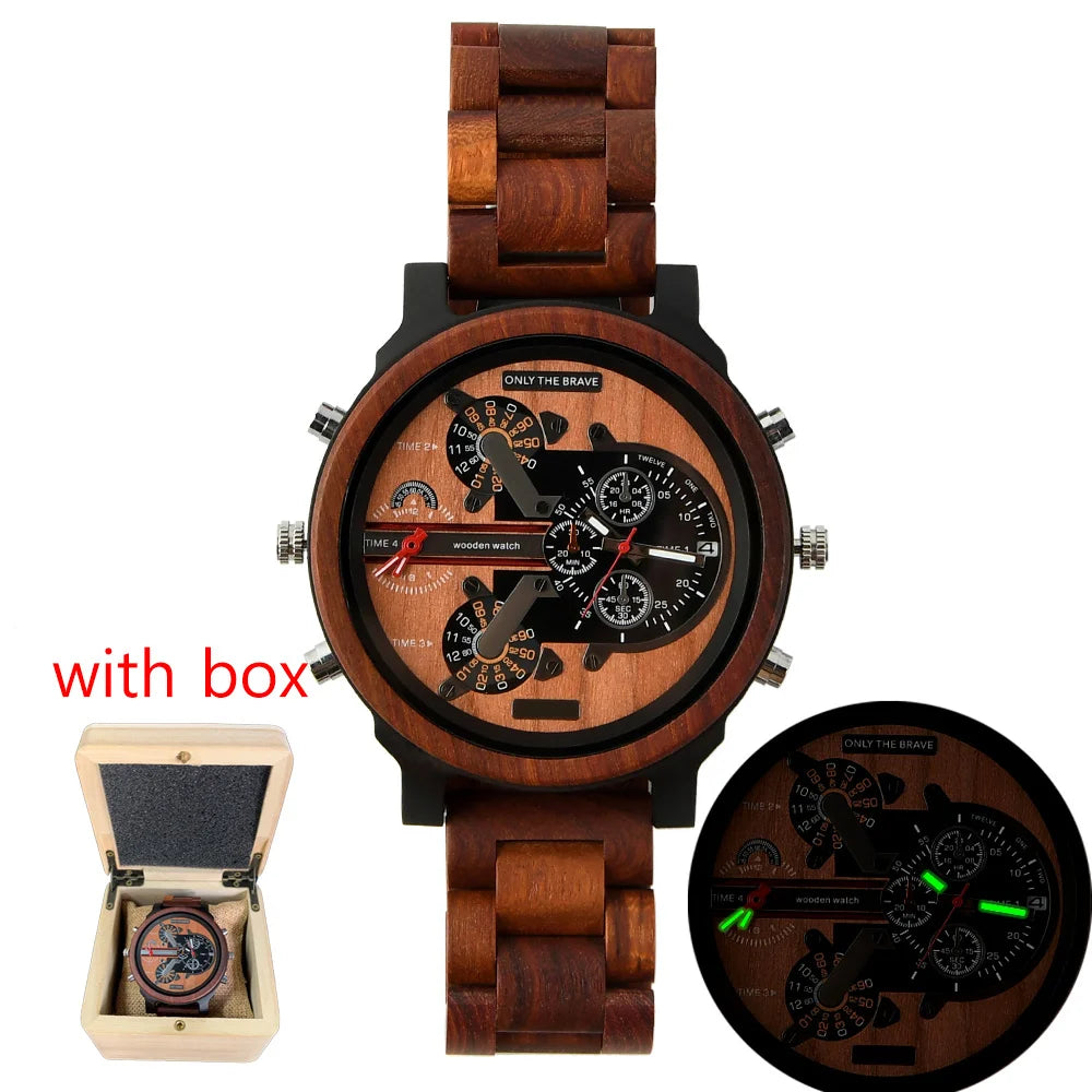 Chronographic Men’s Wooden Sports Watch - Luminous Hands With Large Face - Quartz Movement & Analog Time
