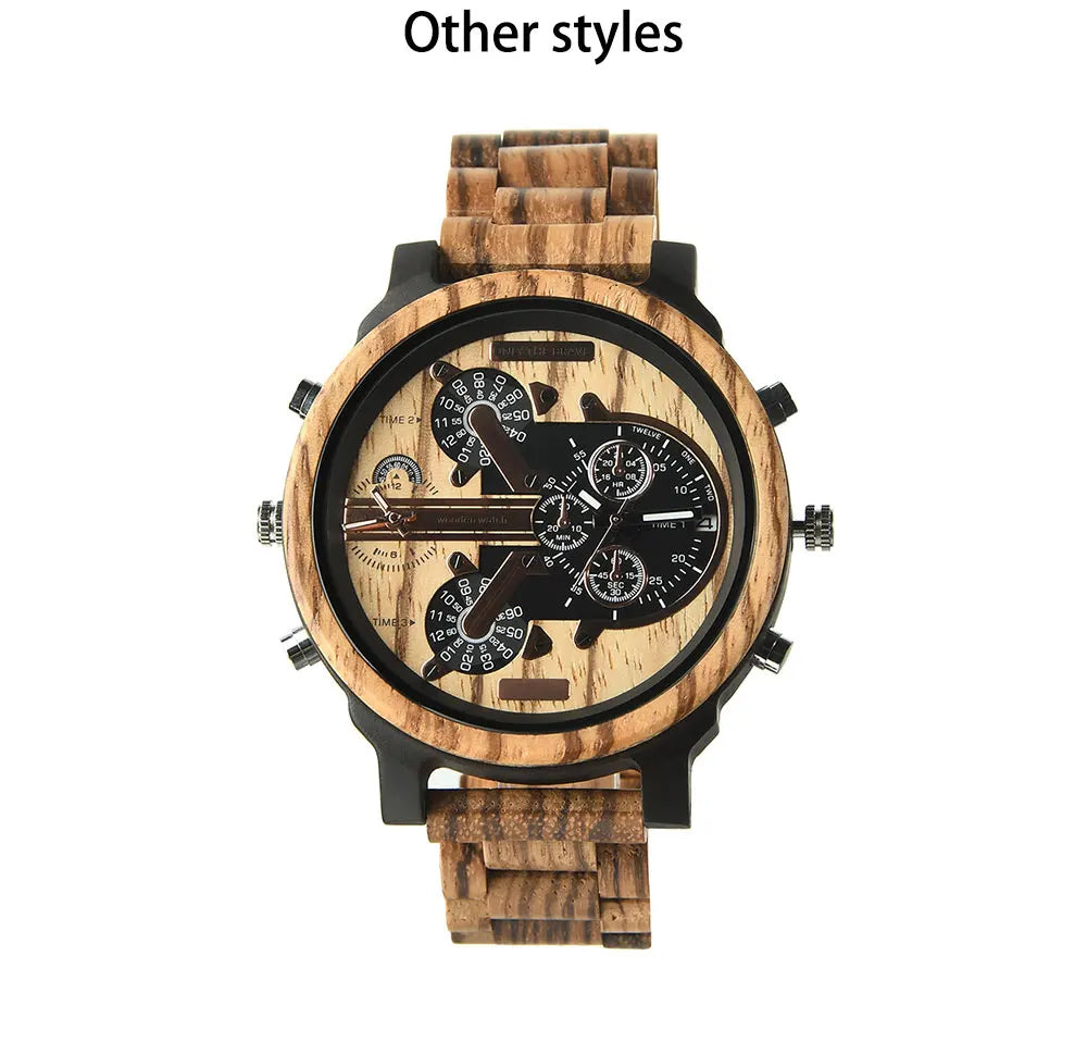 Chronographic Men’s Wooden Sports Watch - Luminous Hands With Large Face - Quartz Movement & Analog Time