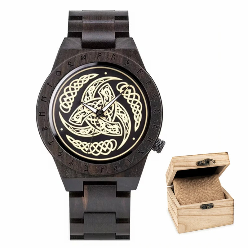 Men's Handmade Wooden Wristwatch - Viking Style Carved Round Face - Quartz Movement